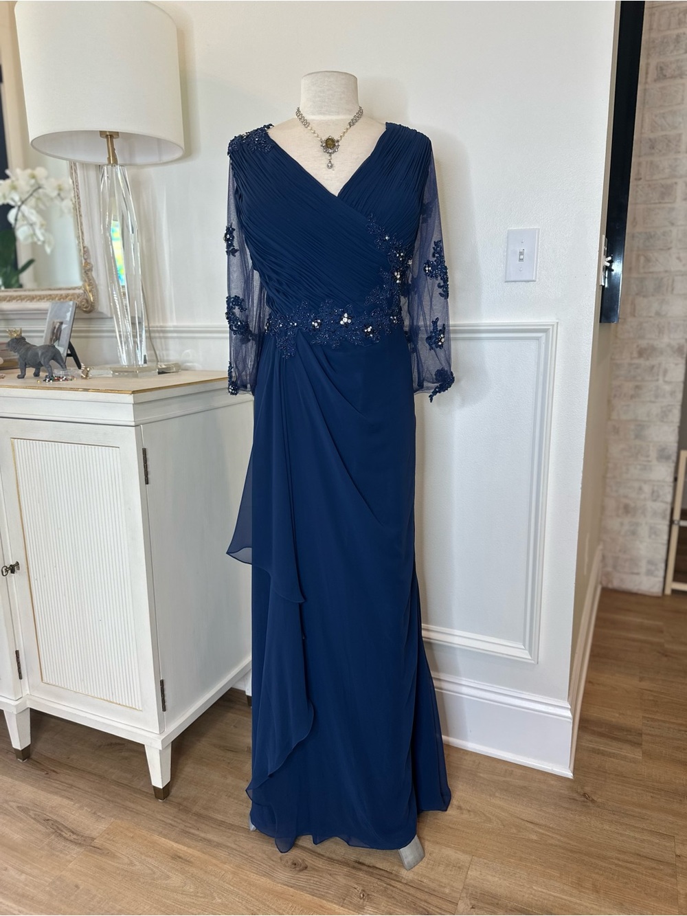 Navy Blue Long Sleeve Evening Gown with Beaded Waist